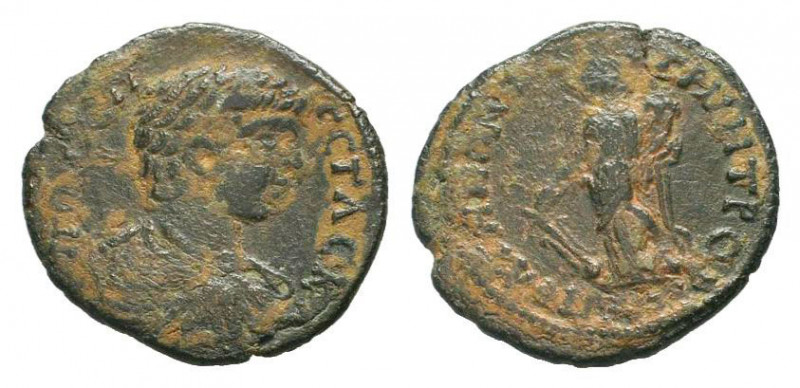 PHRYGIA.Peltae. Geta.198-209 AD. AE Bronze. ΠO CЄΠ ΓЄTAC K, Bareheaded, draped a...