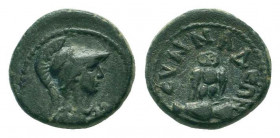 PHRYGIA. Synnada. Pseudo-autonomous.2nd-3rd Centuries. AE Bronze.Helmeted bust of Athena right, wearing aegis / CVNNAΔЄΩN. Owl, with head facing, stan...
