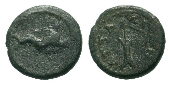 PAMPHYLIA. Attalea. Psuedo-autonomous.AE Bronze.dolphin, right / ΑΤΤΑΛƐⲰΝ, rudde...