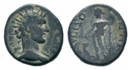 PISIDIA. Termessus Major. Pseudo-autonomous.3rd Century BC. AE Bronze.TЄPMHCCЄΩN, Radiate and draped bust of Sol right / MЄISONΩN, Dionysos standing l...