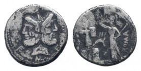 M. FURIUS PHILILUS.119 BC.Rome mint.AR Denarius.M·FOVRI·L·F, Laureate head of Janus, around, inscription. Border of dots. / ROMA, Roma standing left, ...