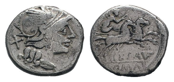 L. SAUFEIUS.152 BC.Rome mint.AR Denarius.Helmeted head of Roma right; behind, X ...