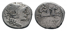 L. SAUFEIUS.152 BC.Rome mint.AR Denarius.Helmeted head of Roma right; behind, X / L SAVF, Victory in biga right, holding whip and reins, ROMA in linea...