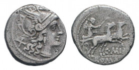 C. MAIANIUS.153 BC.Rome mint.AR Denarius.Helmeted head of Roma, right; behind, denominational mark. Border of dots. / ROMA C·MINI, Victory in biga, ri...