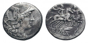 ANONYMOUS. Circa 209 BC. Sicilie mint.AR Denarius.Helmeted head of Roma right, X / The Dioscuri on horseback riding right, grain ear and crooked staff...