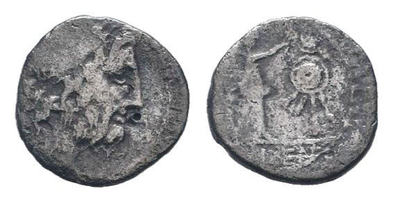 ANONYMOUS. 211-208 BC. AR Victoriatus . Uncertain mint in Sicily. Laureate head ...