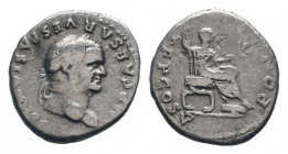 VESPASIAN.69-79 AD.AR Denarius.IMP CAESAR VESPASIANVS AVG, Head of Vespasian, laureate, right / PON MAX TR P COS V, Vespasian, togate, seated right on...