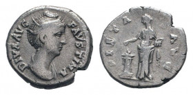 DIVA FAUSTINA I.Died 140 AD.AR Denarius. DIVA AVG FAVSTINA, Draped bust right / PIETAS AVG, Pietas standing left, holding incense box and sacrificing ...