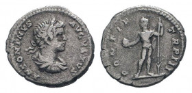 CARACALLA.198-217 AD.Rome mint.AR Denarius.ANTONINVS AVGVSTVS, Bust of Caracalla, laureate, draped, right / PONTIF TR P III, Sol, radiate, naked excep...