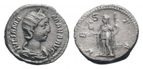 JULIA MAMAEA. 222-235 AD.Rome mint.AR Denarius. IVLIA MAMAEA AVG, diademed and draped bust right / VESTA, Vesta standing left, holding sceptre and pal...