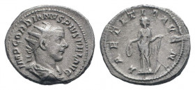 GORDIAN III.238-244 AD.Rome mint.AR Antoninianus.IMP GORDIANVS PIVS FEL AVG, Bust of Gordian III, radiate, draped, cuirassed, right / LAETITIA AVG N, ...