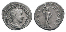 GORDIAN III.238-244 AD.Rome mint.AR Antoninianus.IMP GORDIANVS PIVS FEL AVG, Bust of Gordian III, radiate, draped, cuirassed, right / IOVI STATORI, up...