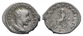 GORDIAN III.238-244 AD.Rome mint.AR Antoninianus.IMP GORDIANVS PIVS FEL AVG, radiate, draped and cuirassed bust right / CONCORDIA MILIT, Concordia sea...