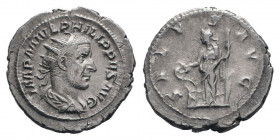 PHILIP I.247-249 AD.Rome mint.AR Antoninianus. IMP M IVL PHILIPPVS AVG, Bust of Philip the Arab, radiate, draped, cuirassed, right / SALVS AVG, Salus,...