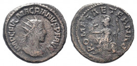 MACRIANUS.260-261.Antioch mint.BI Antoninianus.IMP C FVL MACRIANVS P F AVG, radiate and cuirassed bust to right / ROMAE AETERNAE, Roma seated left on ...