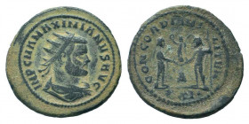 MAXIMIANUS. 286-305 AD. Heraclea mint .AE Follis. IMP C M A MAXIMIANVS AVG, radiate and draped bust right / CONCORDIA MILITVM, Jupiter presents Victor...