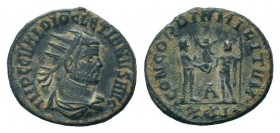 DIOCLETIAN.284-305 AD.Cyzicus mint.BI Antoninianus. IMP C C VAL DIOCLETIANVS AVG, radiate and draped bust right / CONCORDIA MILITVM A XXI, Diocletian ...