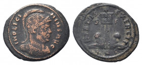 LICINIUS I.308-324 AD. Aquileia mint.AE Follis. IMP LICINIVS AVG, Helmeted and cuirassed bust right / VIRTVS EXERCIT S - F AQS, Vexillum inscribed VOT...