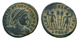 CONSTANTINE II. 317-337 AD.Antioch mint.AE Follis. CONSTANTINVS IVN NOB C, laureate and cuirassed bust right / GLORIA EXERCITVS/ SMANΘ, two signa betw...