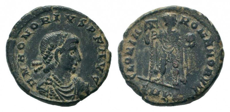 HONORIUS.393-423 AD.Cyzicus mint.AE Bronze.D N HONORIVS P F AVG, draped and pear...