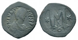 ANASTASIUS I.491-518 AD. Constantinople mint.AE Follis. DN ANASTASIVS PP AVG, pearl diademed, draped, cuirassed bust right / Large M, star left, cross...