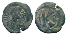 JUSTIN I. 518-522 AD.Nicomedia mint.AE Half Follis.DN IVSTINVS PP AVG, pearl diademed, draped, cuirassed bust right. / Large K, N-I to left and right ...