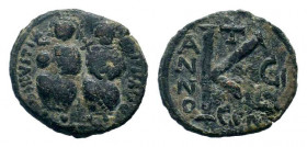 JUSTIN II and SOPHIA.565-578 AD.Constantinople mint.AE Half Follis.DN IVSTINVS PP AVG, Justin on left holding cross on globe and Sophia on right, hold...