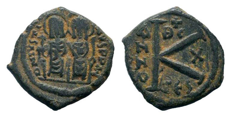 JUSTIN II and SOPHIA.565-578 AD.Thessalonica mint.AE Half Follis.JD N IVSTINVS P...