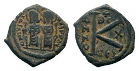JUSTIN II and SOPHIA.565-578 AD.Thessalonica mint.AE Half Follis.JD N IVSTINVS P P AVG, Justin at left, Sophia at right, seated facing on double-thron...