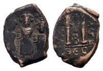 HERACLIUS with HERACLIUS CONSTANTINE and MARTINA.610-641 AD.Thessalonica mint.AE Follis. Heraclius, in centre, flanked by Martina, on left, and Heracl...