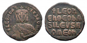 LEO VI.886-912 AD.Constantinople mint.AE Follis.+ LEOn bAS-ILEVS ROM; crowned bust of Leo facing, wearing chlamys, holding akakia in left hand / + LEO...