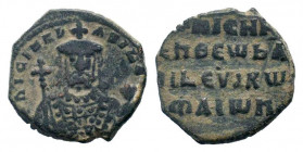 NICEPHORUS II PHOCAS.963-969 AD.Constantinople mint.AE Follis. NICIFR bASIL RW, crowned bust facing with short beard, wearing loros and additional jew...