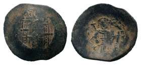 LATIN RULERS OF CONSTANTINOPLE. 1204-1264 AD. Thessalonica mint.AE Trachy.Christ, bearded and nimbate, seated upon thron / Half-length figure of emper...