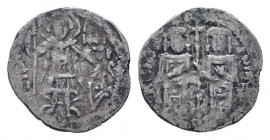 JOHN V with JOHN VI.1341-1391 AD.Constantinople mint.AR Basilikon. St. Demetrius standing facing, holding spear and shield / John V and John VI standi...