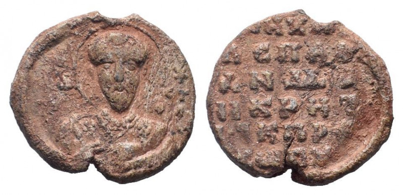 BYZANTINE LEAD SEAL.Circa 11 th Century.PB Seal.Nimbate facing bust of Saint Bas...