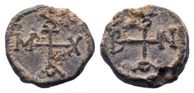 BYZANTINE LEAD SEAL.Circa 5 th-6th Century.PB Seal.In the name of Illustrious Patrikios.Cruciform monogram within border of dots / Cruciform monogram....