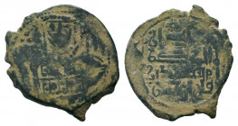 SELJUQ of RUM.Masud I.1116-1156 AD.No Mint.No Date.AE Fals.Enthroned figure, holding globus cruciger / Arabic legend.Izmirlier 1; Album 1192.Good fine...