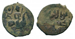 Malikshah II. 1196-1198 AD.Mint.No Date. AE fals. Horseman right, with small winged human figure, presumably an angel / Arabic legend.Album 1195.Fine....
