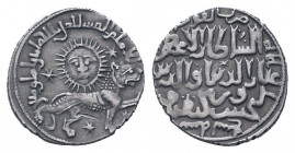 SELJUQ of RUM.Kaykhusraw II.1211-1220 AD.Konya mint.639 AH.AR Dirhem.Lion advancing right, three stars around, above, personification of sun above / A...
