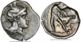 CALABRIA. Tarentum. Ca. 380-280 BC. AR diobol (12mm, 9h). NGC Choice VF. Ca. 325-280 BC. Head of Athena right, wearing crested Attic helmet decorated ...