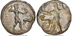 BRUTTIUM. Caulonia. Late 5th century BC. AR stater or nomos (27mm, 7.20 gm, 12h). NGC (photo-certificate) Choice XF 5/5 - 2/5, edge chip, brushed. KAV...