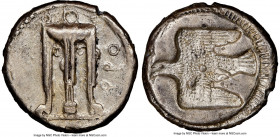 BRUTTIUM. Croton. Ca. 480-430 BC. AR stater or nomos (21mm, 7.86 gm, 11h). NGC XF 5/5 - 3/5, brushed. ϘPO, ornamented sacrificial tripod, legs termina...