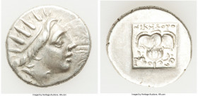 CARIAN ISLANDS. Rhodes. Ca. 88-84 BC. AR drachm (15mm, 2.74 gm, 11h). About XF. Plinthophoric standard, Nicephorus, magistrate. Radiate head of Helios...