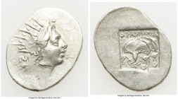 CARIAN ISLANDS. Rhodes. Ca. 88-84 BC. AR drachm (19mm, 3.29 gm, 12h). About XF, die shift. Plinthophoric standard, Thrasymedes, magistrate. Radiate he...