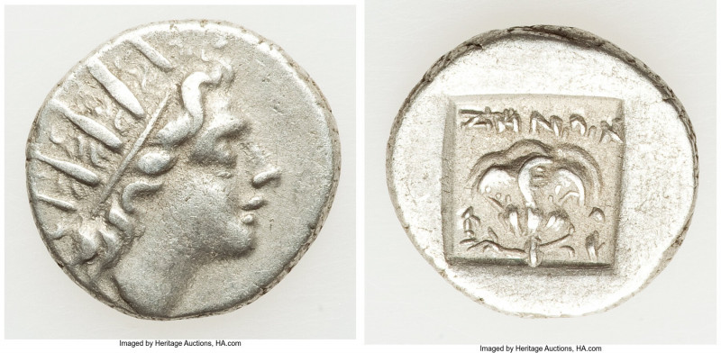 CARIAN ISLANDS. Rhodes. Ca. 88-84 BC. AR drachm (15mm, 2.56 gm, 12h). VF. Plinth...