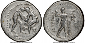 PAMPHYLIA. Aspendus. Ca. 325-250 BC. AR stater (25mm, 1h). NGC VF. Two wrestlers grappling; KO between / ΕΣΤFΕΔΙΥ, slinger standing right, placing bul...
