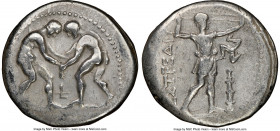 PAMPHYLIA. Aspendus. Ca. 325-250 BC. AR stater (26mm, 12h). NGC VF. Two wrestlers grappling; F (inverted) between / ΕΣΤFΕΔΙΥ, slinger standing right, ...