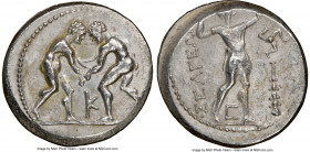 PISIDIA. Selge. Ca. 325-250 BC. AR stater (23mm, 10.13 gm, 12h). NGC AU 4/5 - 3/5. Two wrestlers grappling, K between / ΣΕΛΓΕΩΝ, slinger striding to r...