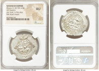 SASANIAN KINGDOM. Khusro II (AD 591-628). AR drachm (32mm, 4h). NGC AU. Dated Regnal Year 30 (AD 619/20), ARYAN mint. Bust of Khusro II right, wearing...