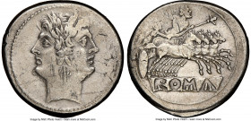 Anonymous. Ca. 225-214/2 BC. AR didrachm or quadrigatus (22mm, 6.55 gm, 12h). NGC XF 3/5 - 3/5, overstruck. Uncertain mint. Laureate head of youthful ...